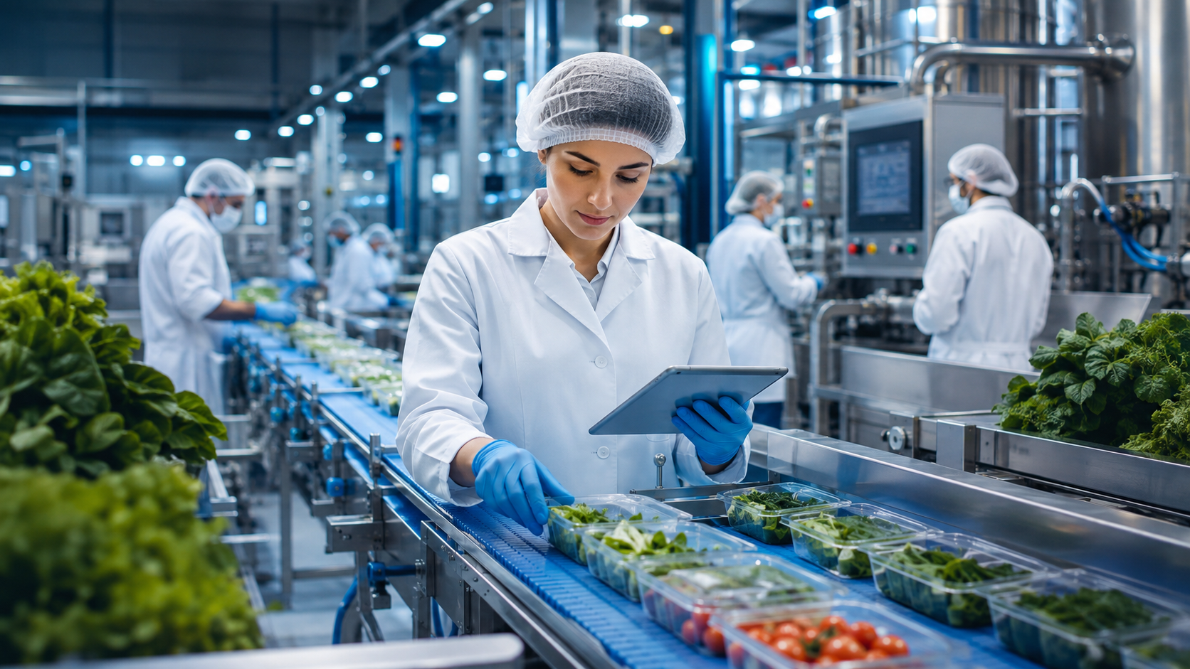 Food safety supervisor checking packaged produce on a hygienic processing line