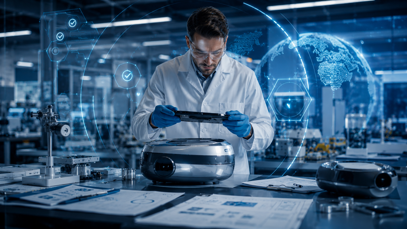 Quality engineer inspecting a manufactured product component in a testing laboratory